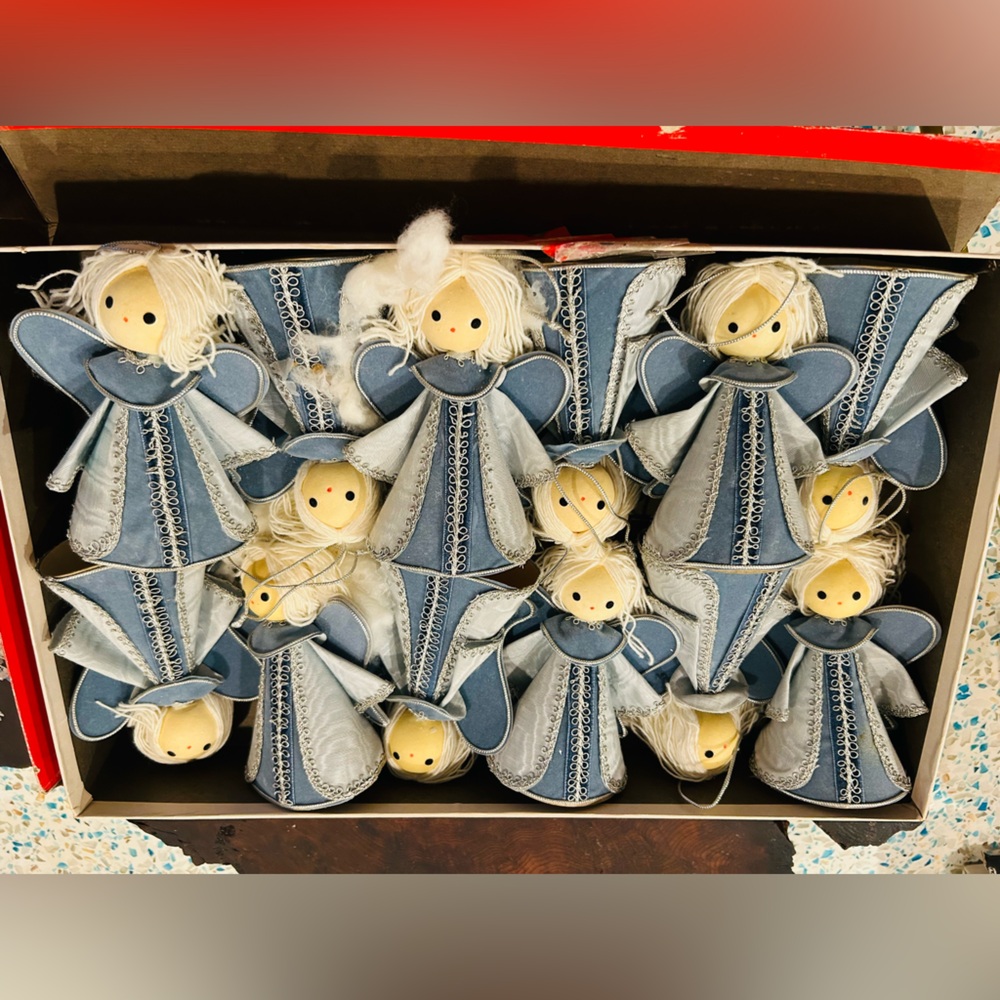 Vintage Christmas Angel Girl Blue Fabric Yarn Hair Ornament Set 12 . Japan